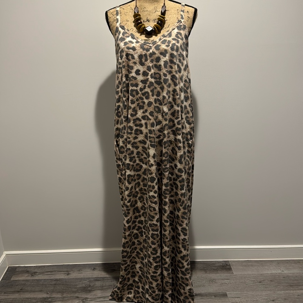 NWT Zenana Plus Soft French Terry Leopard Cami Maxi Dress